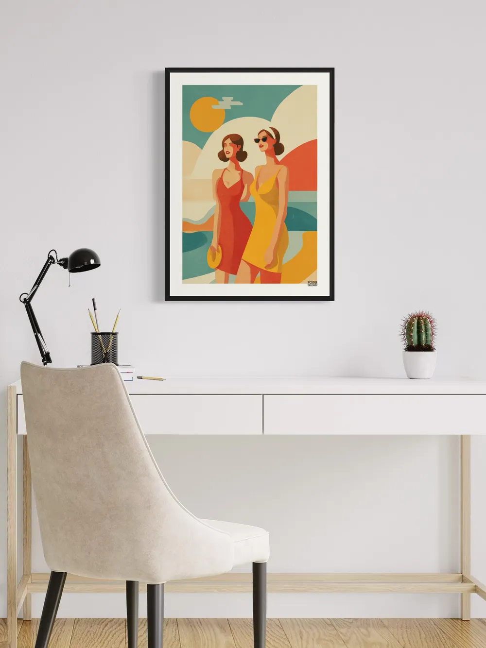 Plakat Summer Vibes - dwie kobiety w letnich sukienkach, abstrakcyjny krajobraz, retro kolory - obrazek 2
