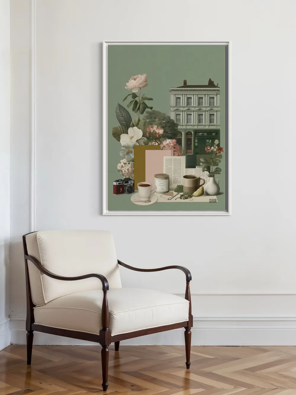 Plakat Green Harmony - elegancki zielony budynek, kwiaty, kawa, spokojny klimat - obrazek 3