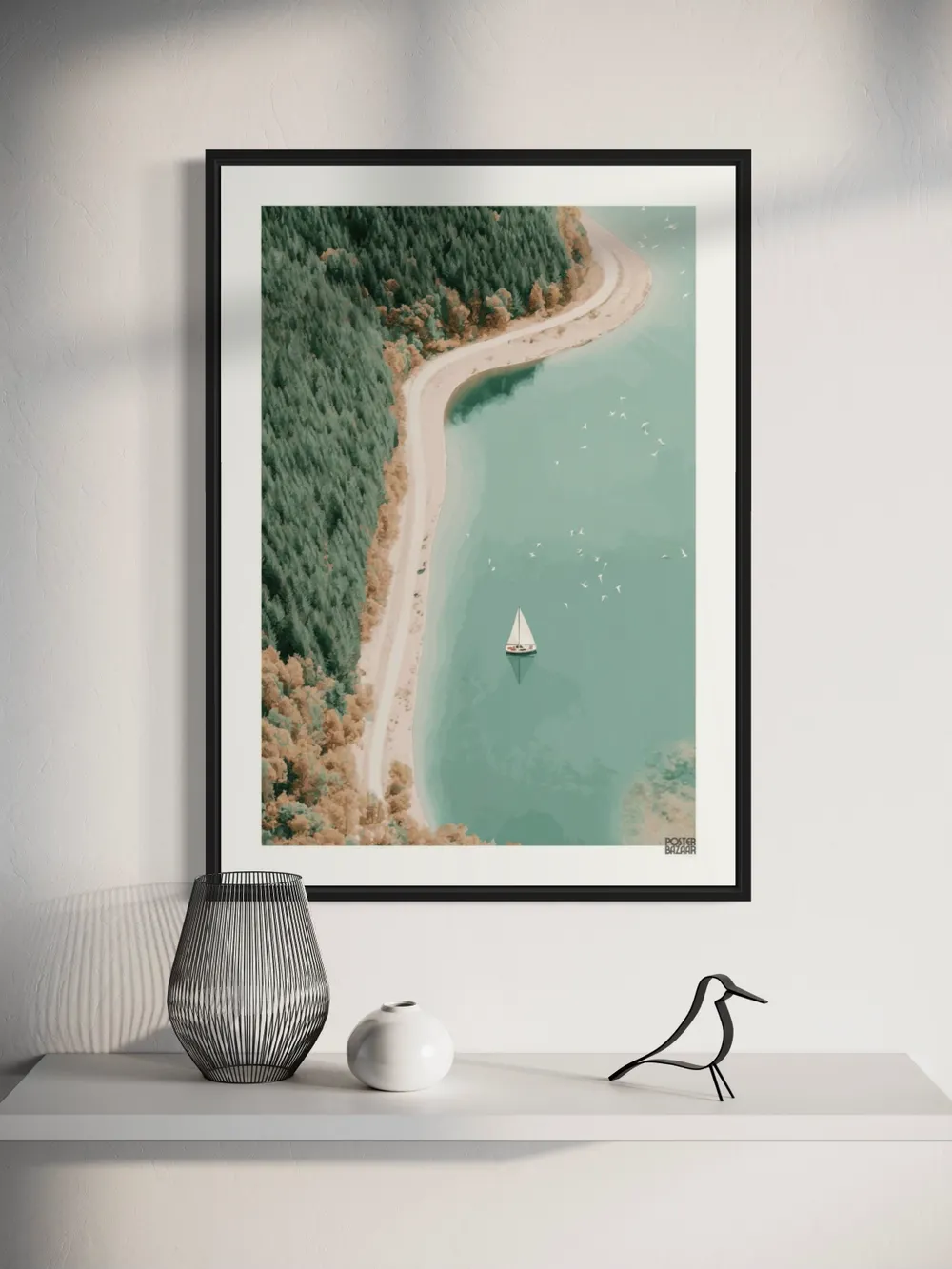 Plakat Forest Lake - minimalistyczny plakat z łódką na pastelowym jeziorze w lesie - obrazek 2