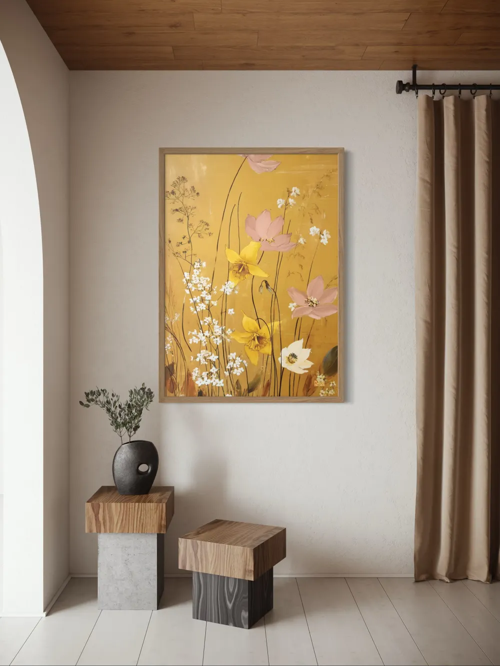Plakat Golden Petals - delikatne malarskie kwiaty, narcyzy złote, różowe na tle vintage - obrazek 2