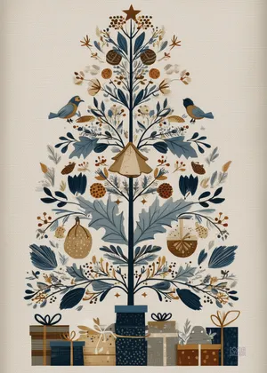 Plakat Nordic Gift Tree - stylizowane drzewko z ptaszkami i prezentami w folkowym stylu