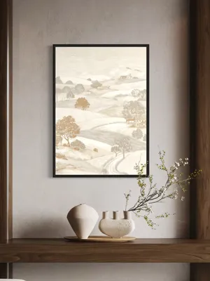 Plakat Countryside Whispers - delikatny krajobraz wiejskich wzgórz, pastelowa tonacja, szkicowy styl - obrazek 2