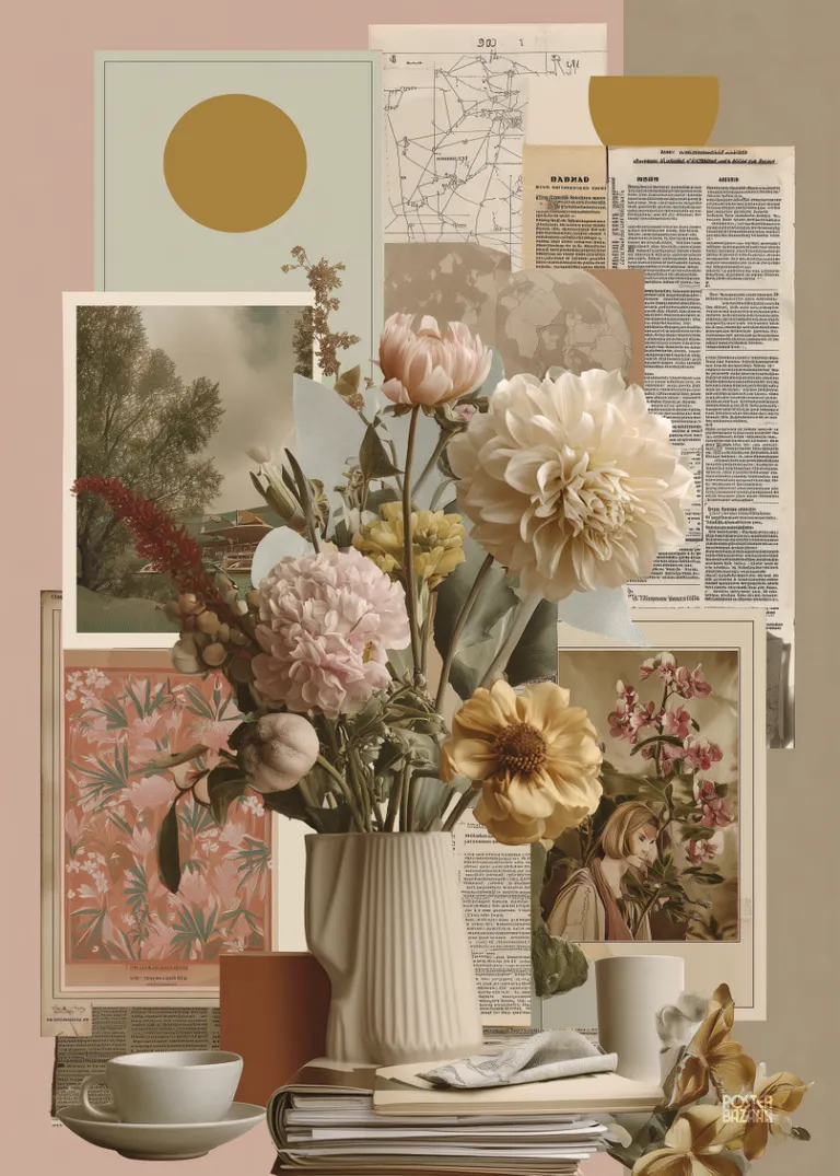 Floral Collage — bukiet kwiatów w kremowym wazonie z kolażem retro