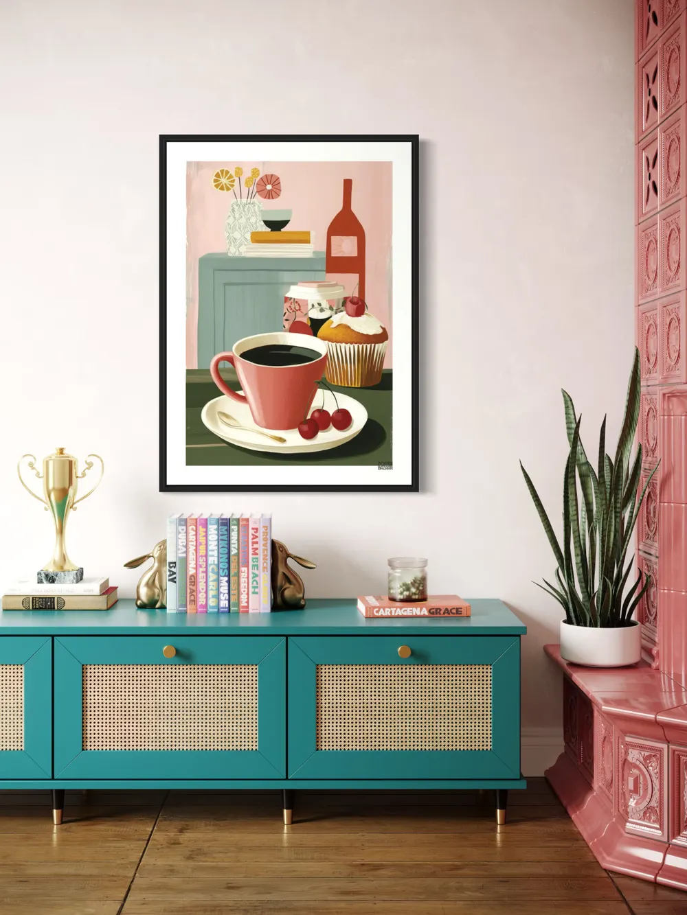 Plakat Coffee Break - filiżanka kawy z wiśniami i babeczką w pastelowym stylu - obrazek 3