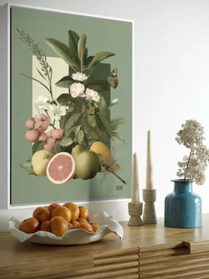 Plakat Botanical Citrus - soczyste owoce cytrusowe, jabłka, kwiaty i motyle na tle geometrycznych kształtów - obrazek 3