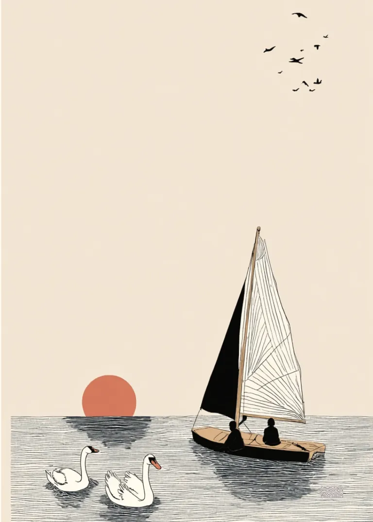 Swan Evening — minimalistyczny plakat z łabędziami, żaglówką i zachodem słońca