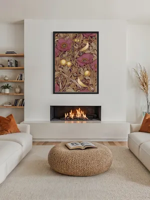 Plakat Golden Poppy Birds - ptaki wśród fioletowych maków i złotych owoców - obrazek 3
