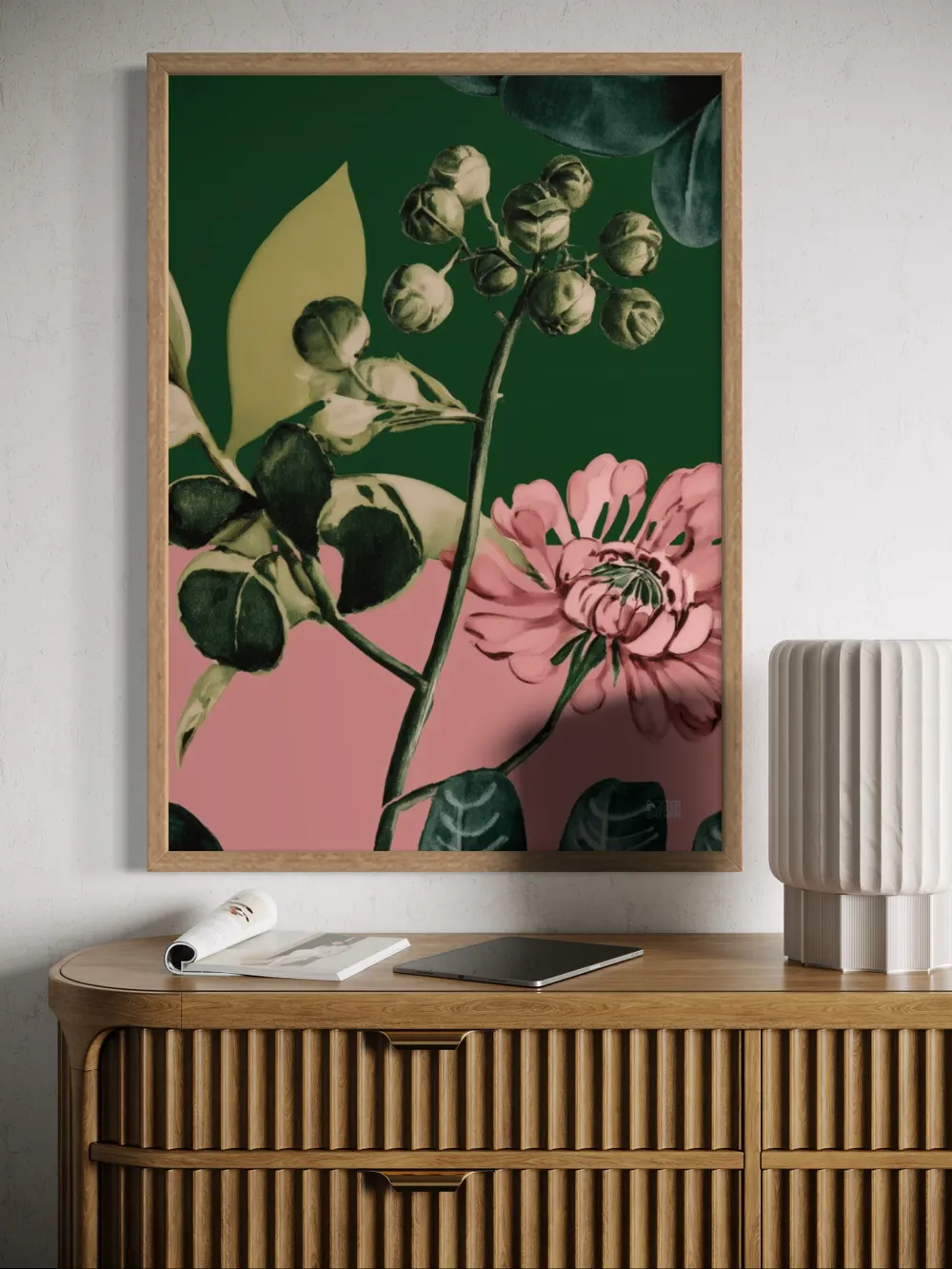Plakat Botanical Medley - botaniczna kompozycja liści i kwiatów w nowoczesnym stylu, ciemna zieleń, oliwka i pudrowy róż - obrazek 2
