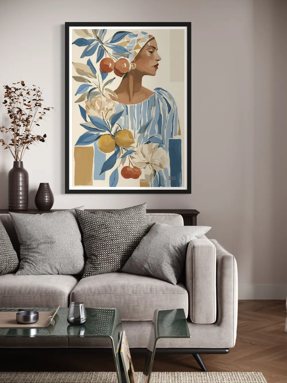 Plakat Citrus Muse - portret kobiety w chustce z cytrynami i wiśniami - obrazek 2