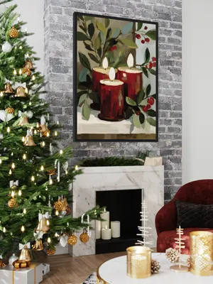 Plakat Crimson Glow - ciepły świąteczny obraz z czerwonymi świecami i zielenią - obrazek 3