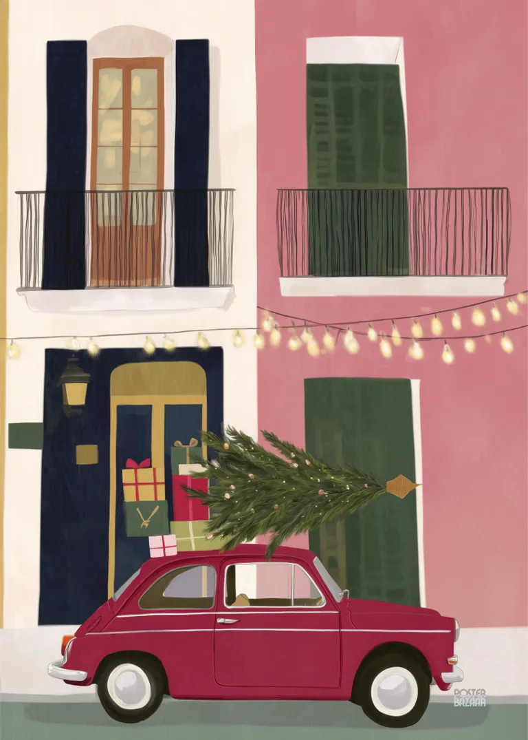 Festive Errand — świąteczny samochód z choinką i prezentami przed kamienicą