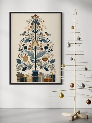 Plakat Nordic Gift Tree - stylizowane drzewko z ptaszkami i prezentami w folkowym stylu - obrazek 3