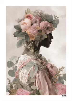 Plakat Floral Muse - portret kobiety z twarzą i włosami z kwiatów, pastelowe kolory, różowa suknia