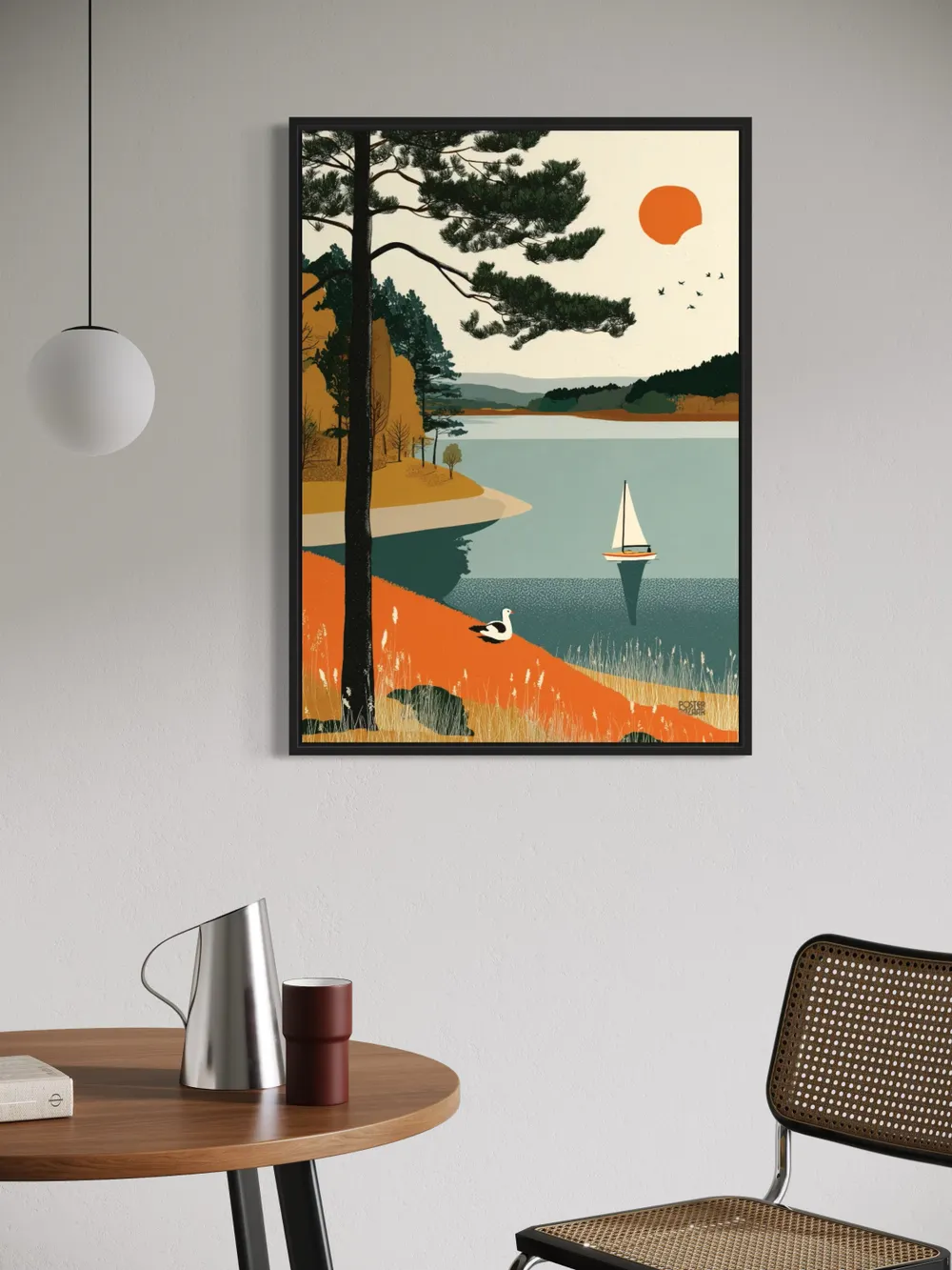 Plakat Lake View - spokojne jezioro z żaglówką, drzewa i ptaki w ilustracyjnym stylu - obrazek 3