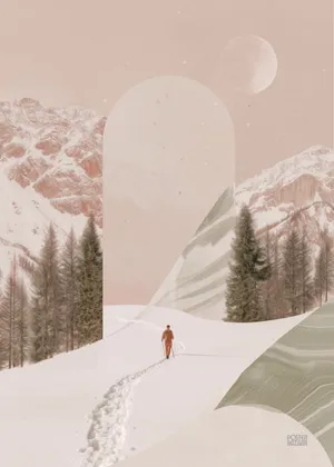 Plakat Pastel Solitude - samotna postać w śnieżnym krajobrazie, góry, drzewa, pastelowy księżyc