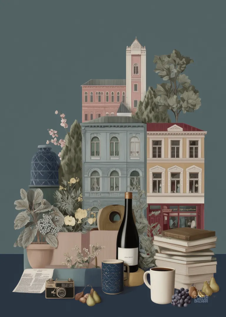 Urban Still Life — pastelowe kamienice i kwiaty w spokojnych odcieniach
