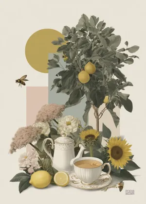 Plakat Lemon Tea - cytrynowe drzewko, filiżanka herbaty, pastelowe kolory retro