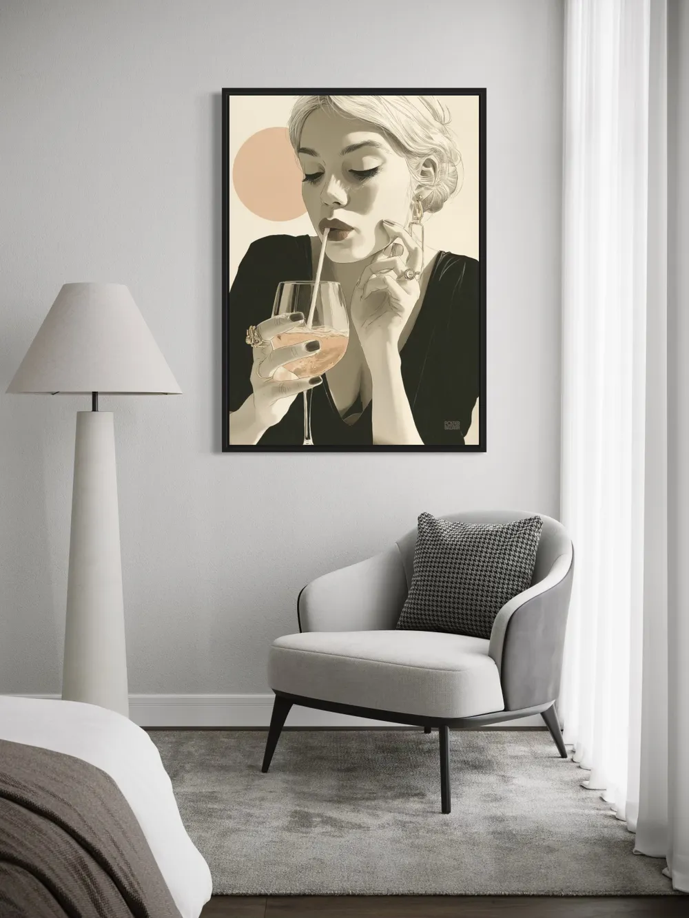Plakat Sip of Elegance - portret kobiety pijącej różowy napój z gracją - obrazek 3