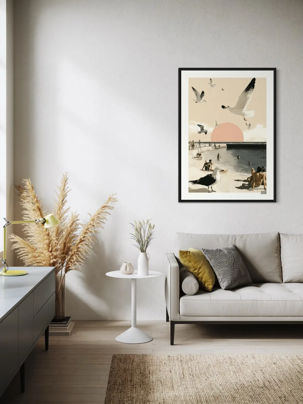 Plakat Seagull Sunset - plaża z mewami i retro słońcem - obrazek 3