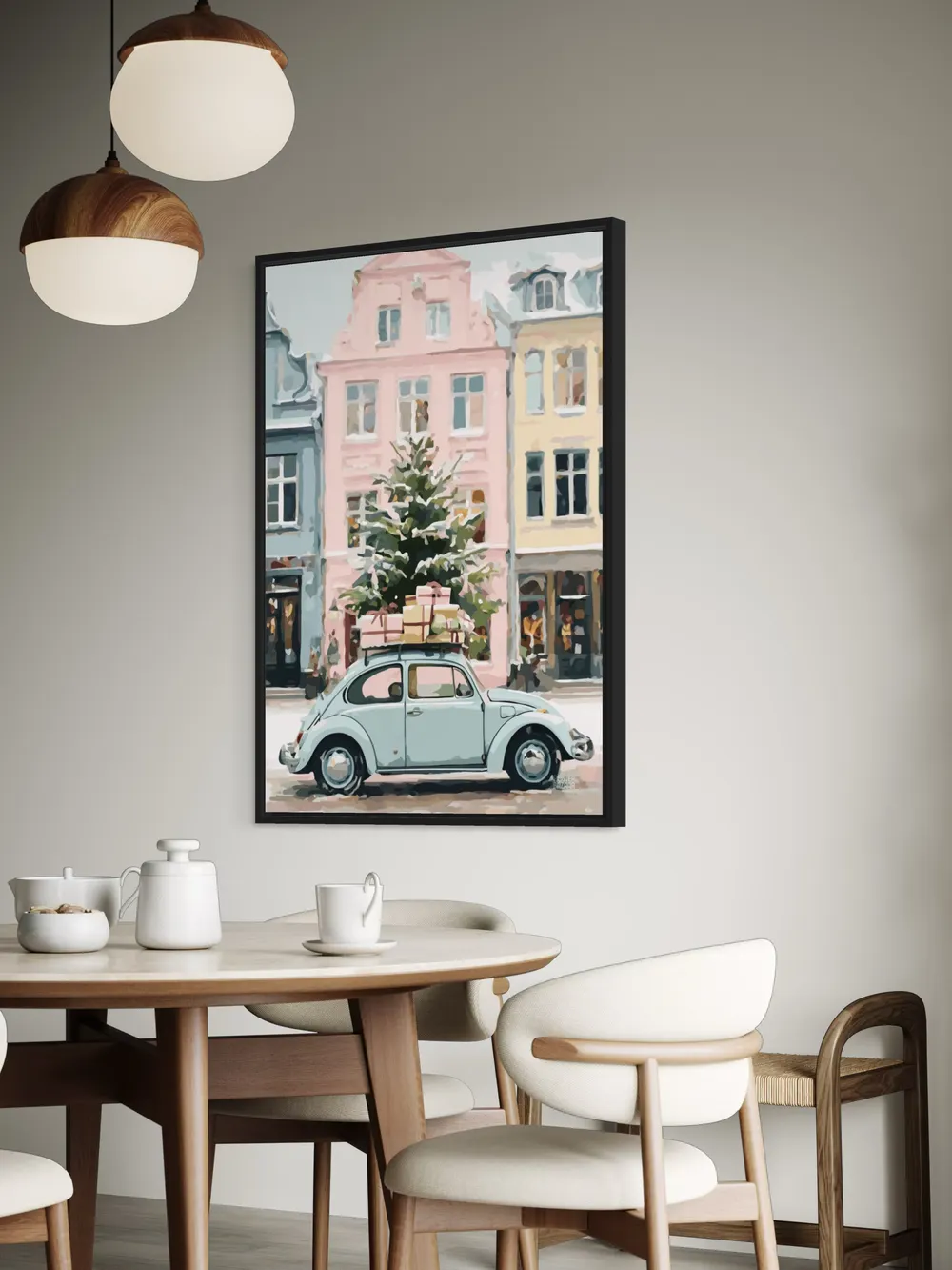 Plakat Pastel Delivery - pastelowy samochód z prezentami i świąteczna kamienica - obrazek 3