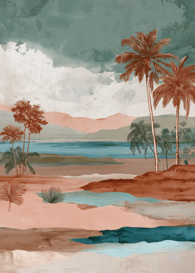 Tropical Escape — plamy na tle laguny w pastelowych odcieniach