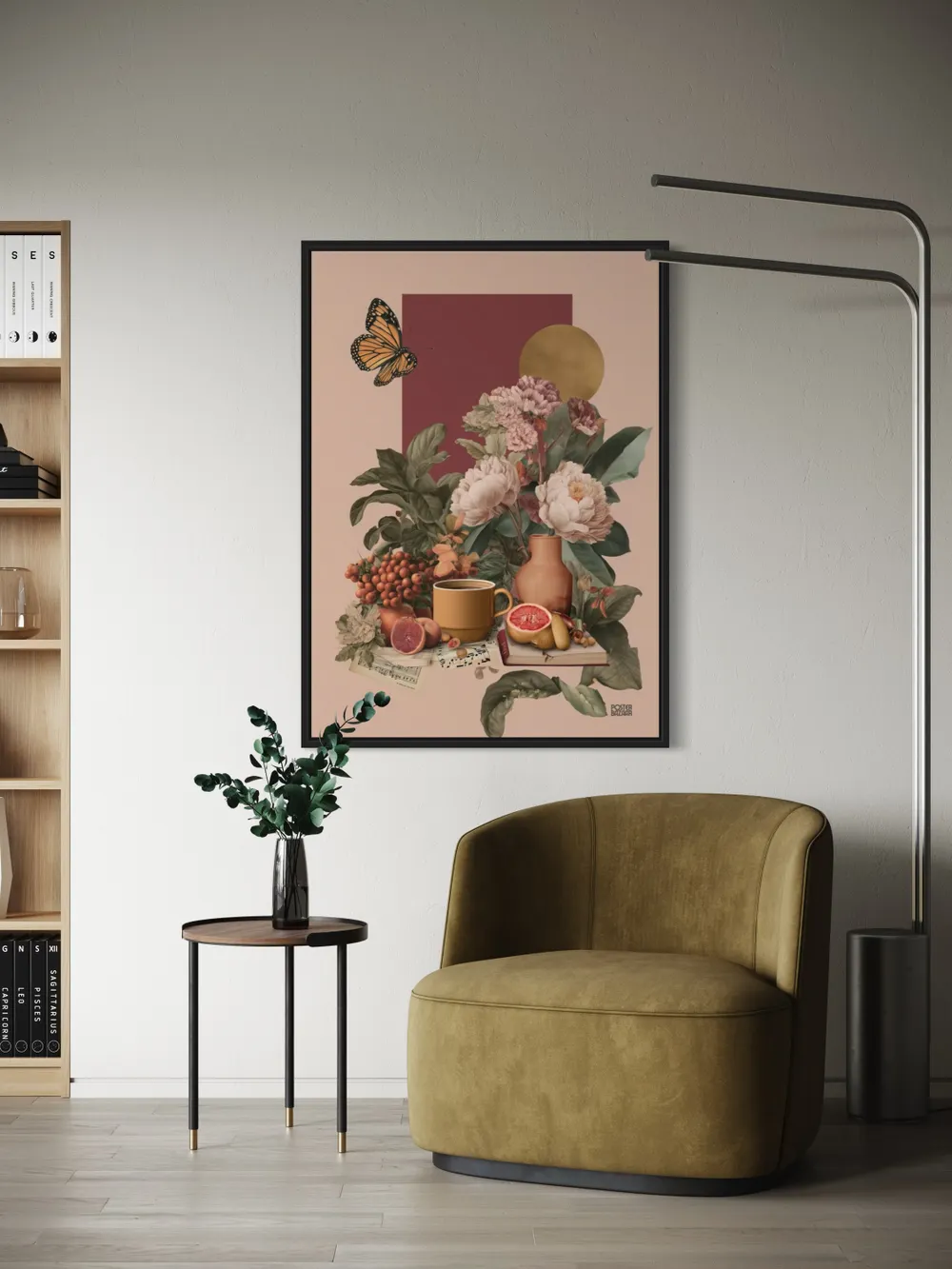 Plakat Butterfly Brunch - plakat z pomarańczowym motylem nad kwiatami i kubkiem - obrazek 2