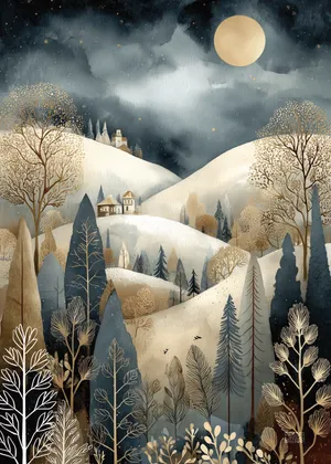 Plakat Moonlit Hillside - nocny krajobraz wzgórz w świetle księżyca
