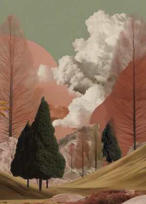Plakat Verdant Mirage - surrealistyczny krajobraz zielonych wzgórz, czerwonych drzew i pastelowego nieba