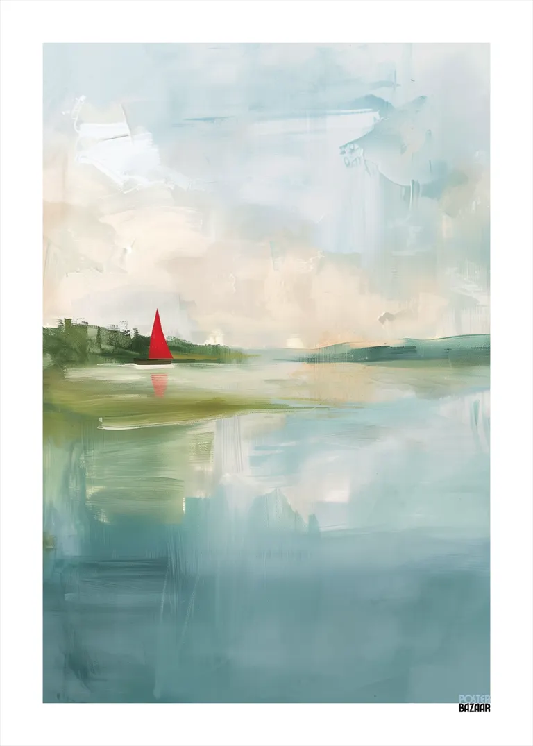 Red Sail — spokojny krajobraz z jeziorem i czerwoną żaglówką, akwarelowy styl