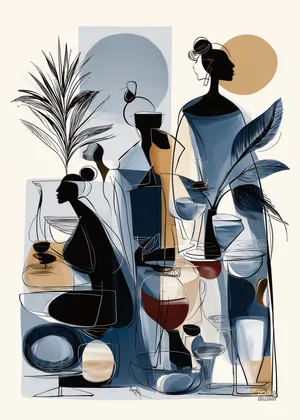 Plakat Glass Silhouettes - kobiece sylwetki w niebiesko-złotej abstrakcji