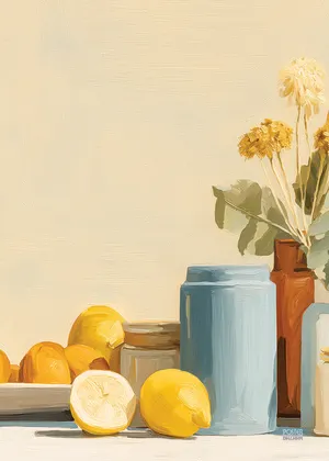 Plakat Lemon Still Life - cytryny, słoik, wazony i żółte kwiaty w pastelowych kolorach
