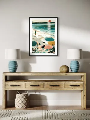 Plakat Sunset Beach - trzy kobiety na plaży, pastelowe kolory, morze i słońce - obrazek 3