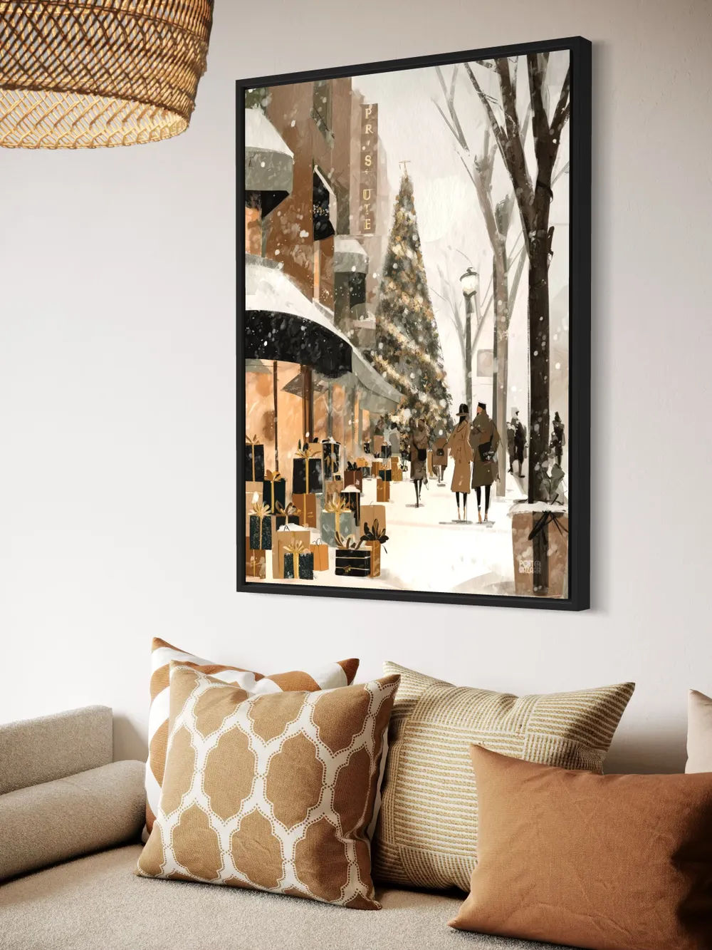 Plakat Gift Lane - zimowa ulica z prezentami i choinką w akwarelowym stylu - obrazek 2