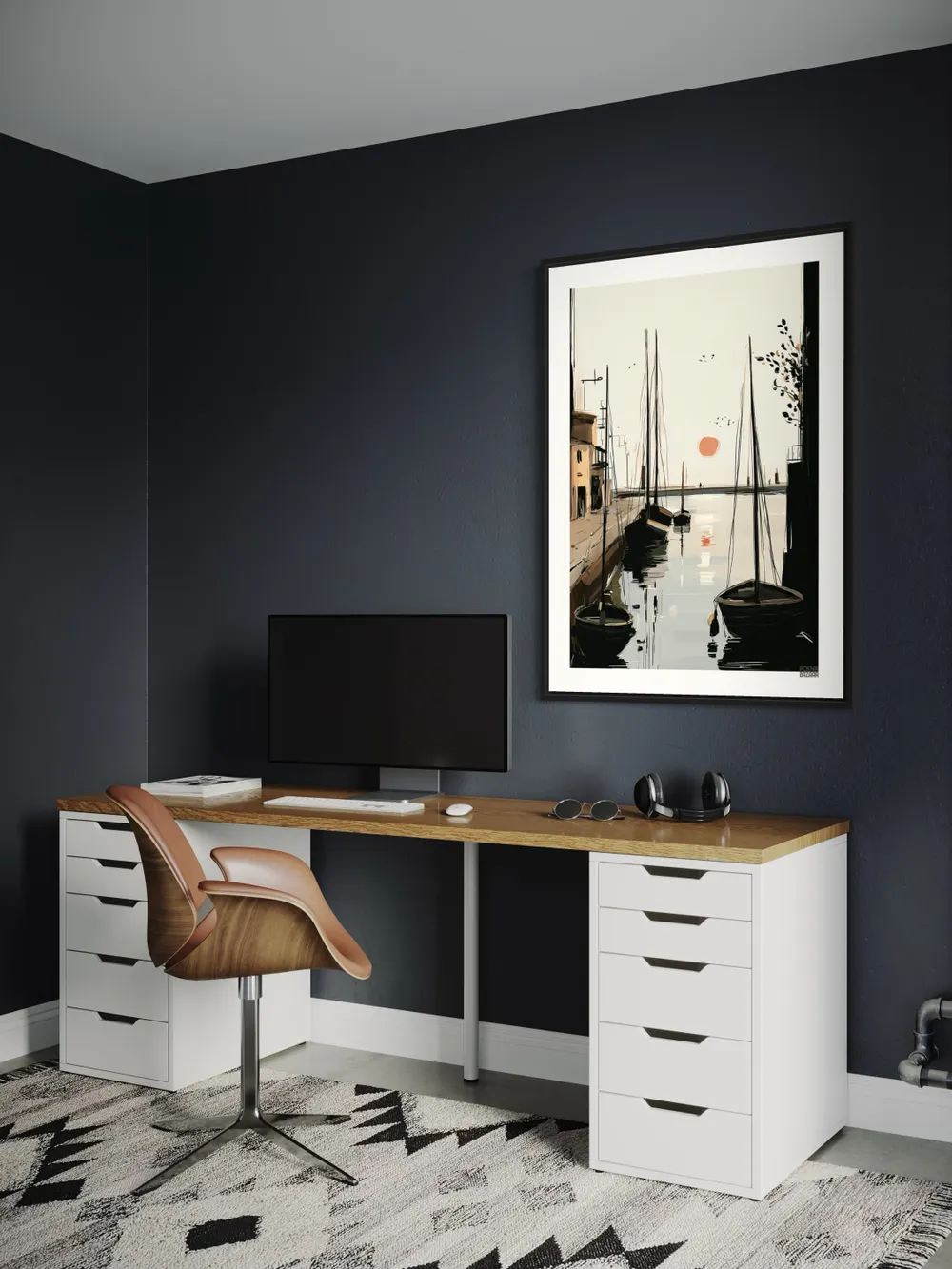 Plakat Harbor Stillness - spokojna przystań z łódkami i pomarańczowym słońcem - obrazek 3
