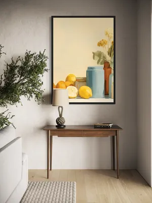 Plakat Lemon Still Life - cytryny, słoik, wazony i żółte kwiaty w pastelowych kolorach - obrazek 3