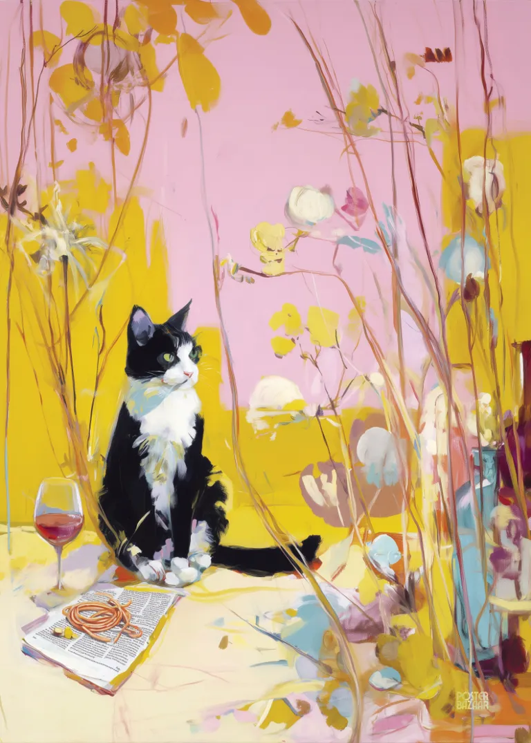 Cat’s Garden Wine — czarno-biały kot z winem wśród różowo-żółtych roślin, abstrakcyjny malarski styl