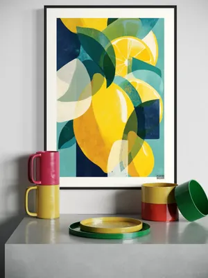 Plakat Lemon Abstract - cytryny i liście w stylu abstrakcyjnym - obrazek 2