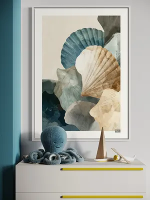 Plakat Seashell Tones - muszle w akwarelowych odcieniach morskiego błękitu i beżu - obrazek 3