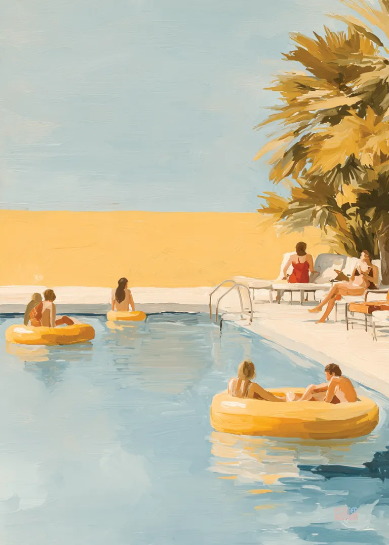 Summer Pool — ludzie relaksujący się przy basenie w pastelowych kolorach