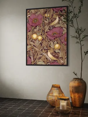 Plakat Golden Poppy Birds - ptaki wśród fioletowych maków i złotych owoców - obrazek 2