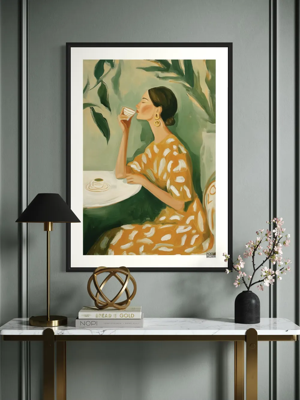 Plakat Golden Sip - kobieta delektuje się kawą w spokojnym klimacie - obrazek 3