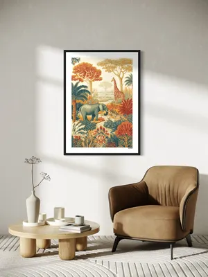 Plakat Savanna Wildlife - słonie, żyrafy i zebry na afrykańskiej sawannie w ciepłych kolorach - obrazek 3