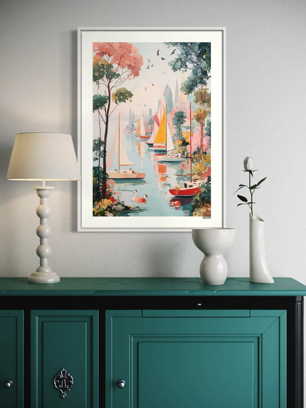 Plakat Sailboats Lake - kolorowe żaglówki na spokojnym jeziorze - obrazek 2
