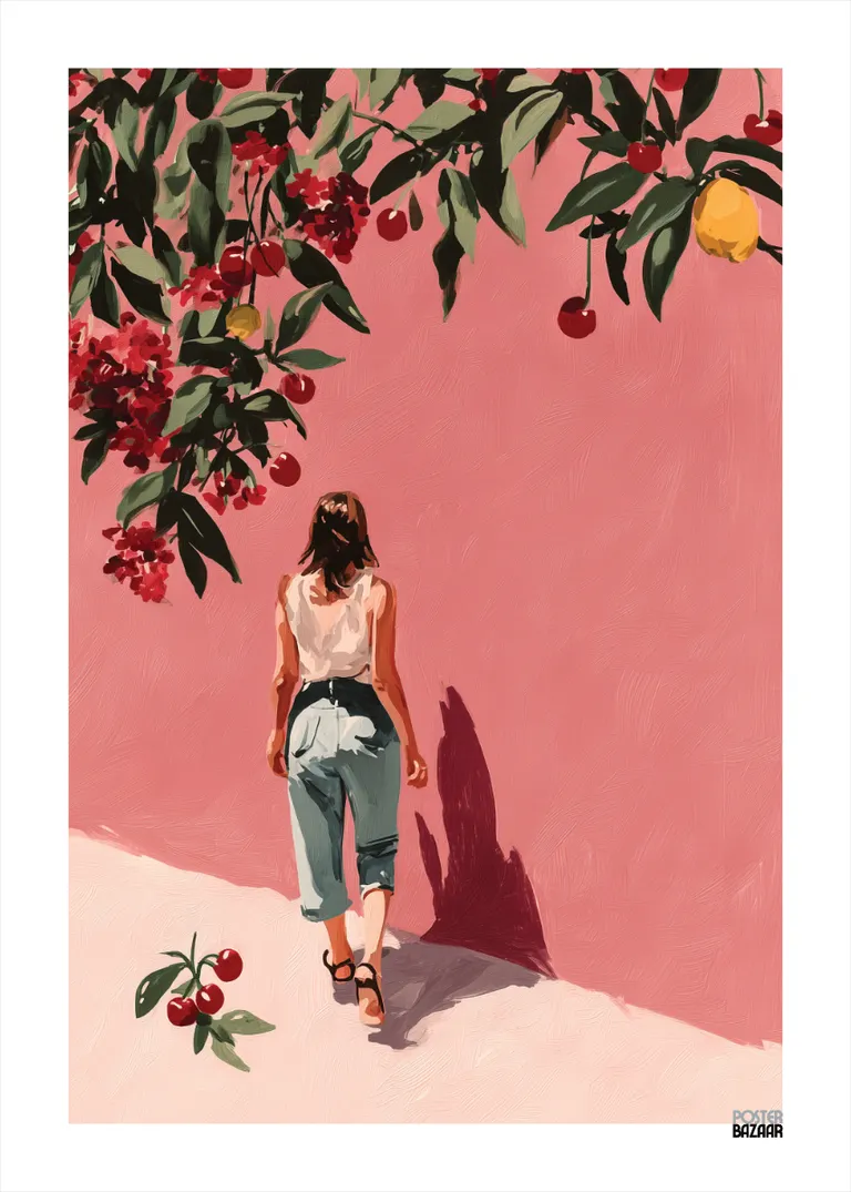 Cherry Walk — dziewczyna idzie w stronę różowej ściany z czereśniami