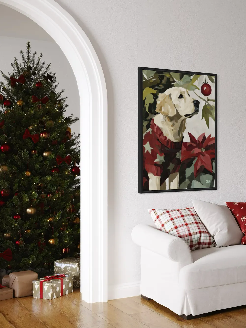 Plakat Starry Poinsettia - uroczy pies w czerwonym swetrze i świąteczny kwiat - obrazek 3