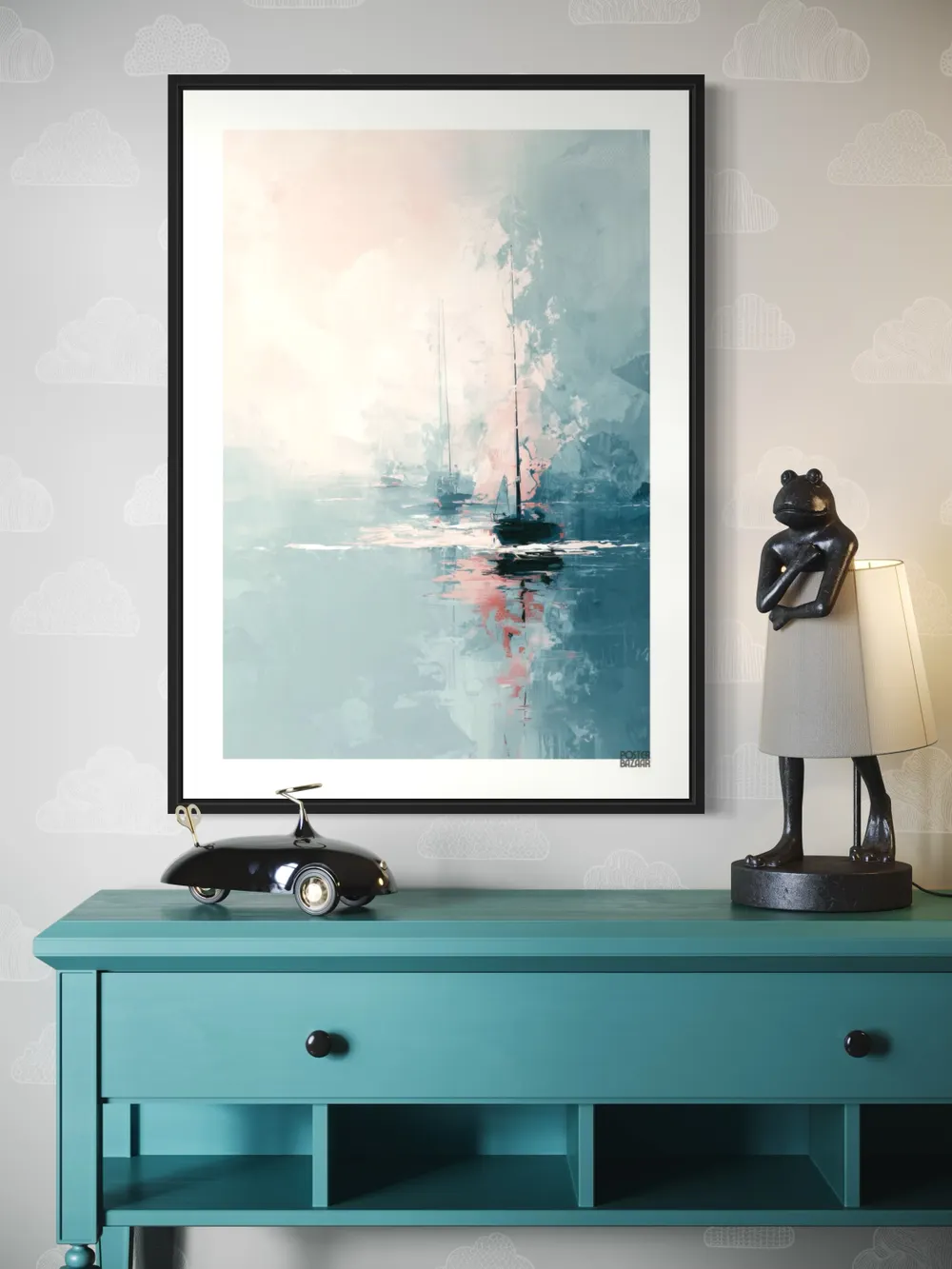 Plakat Sailboat Dream - pastelowe żaglówki na spokojnej wodzie w mięcie i różu - obrazek 2