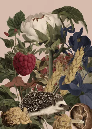Plakat Hedgehog Picnic - jeżyk wśród kwiatów, malin, kłosów i grzybów, bajkowy realizm