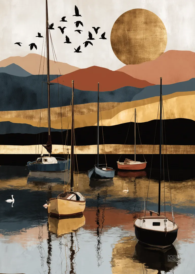 Golden Lake — nowoczesny plakat z żaglówkami, łabędziami i górami w mocnych kolorach