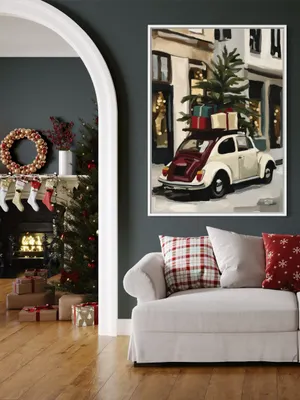 Plakat Festive Beetle - malarska scena świątecznego garbusa z choinką i prezentami - obrazek 2