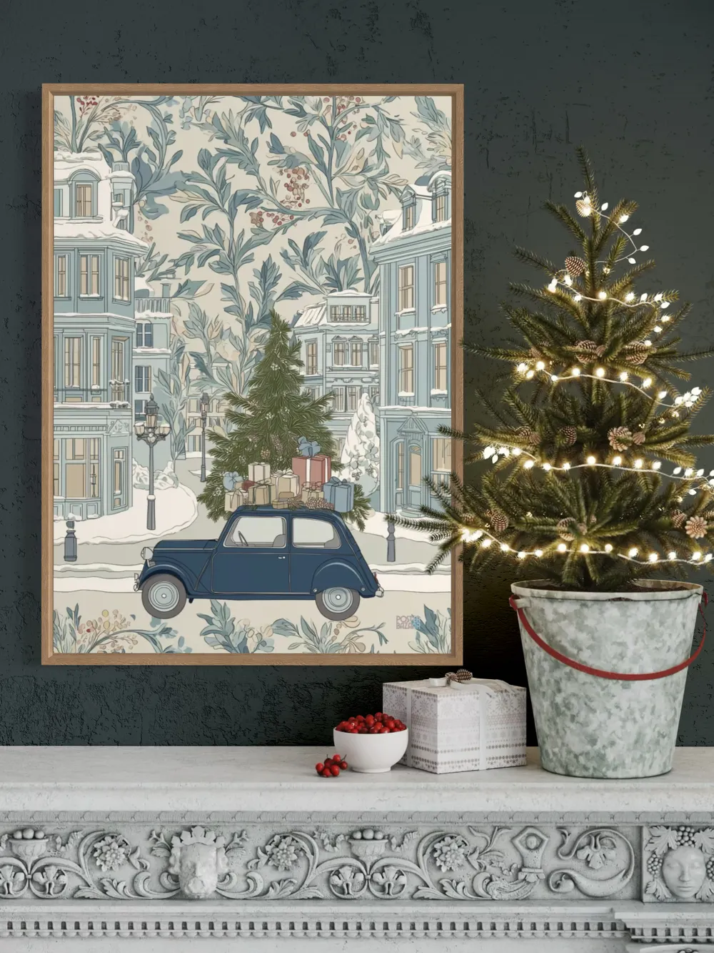 Plakat Frosty Delivery - klasyczny samochód z choinką na zimowej ulicy - obrazek 2